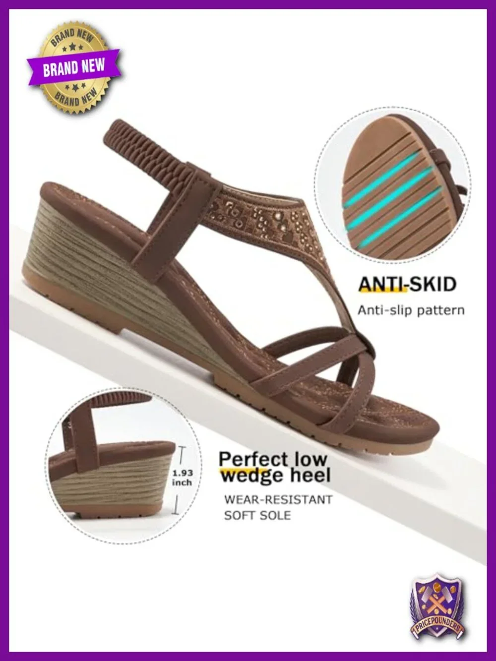 Bohemian Wedge Sandals with Rhinestones, Cushioned Footbed, Elastic Ankle Strap